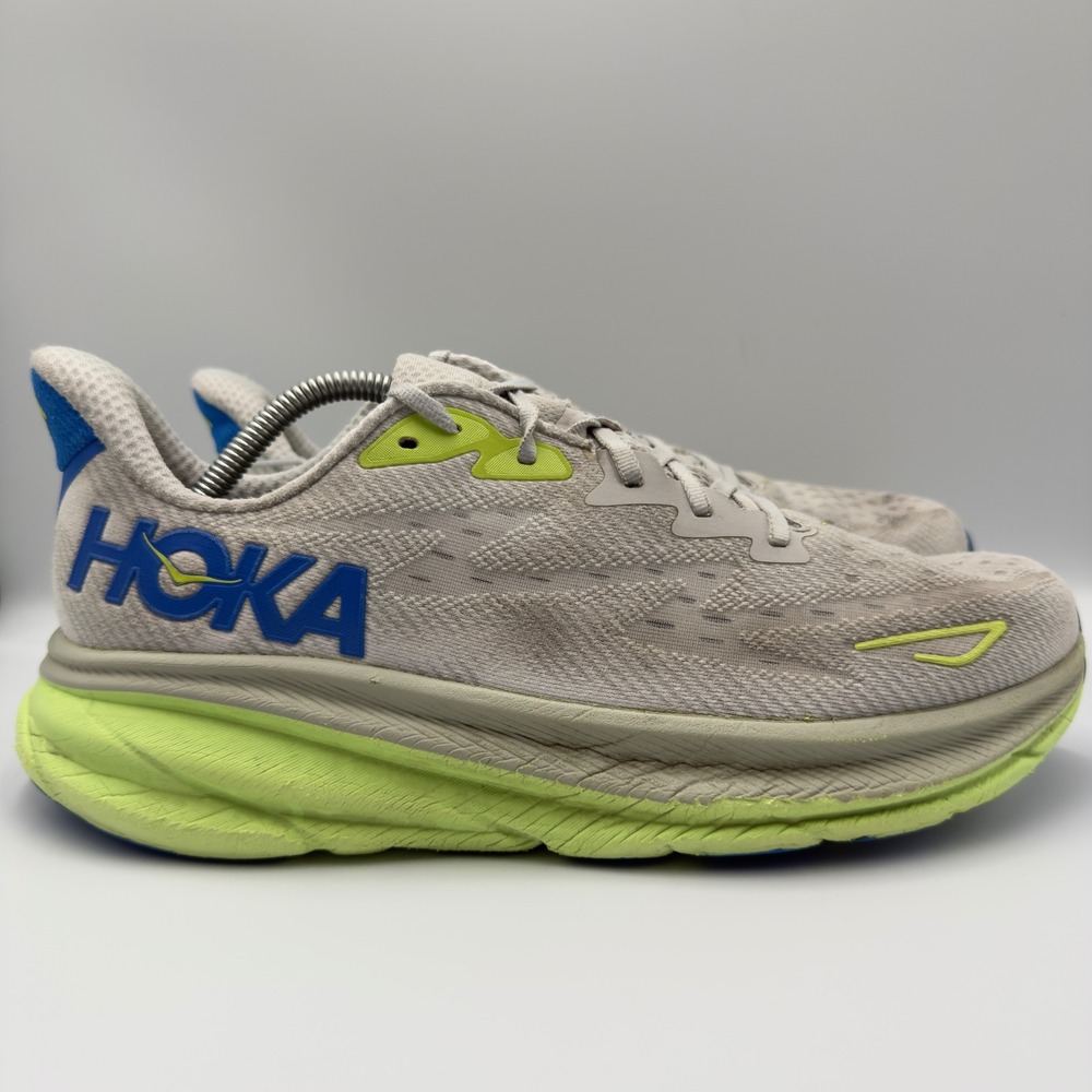 Hoka One One Clifton 9 Mens Size 11 D Running Shoes Sneakers Grey Lime Blue